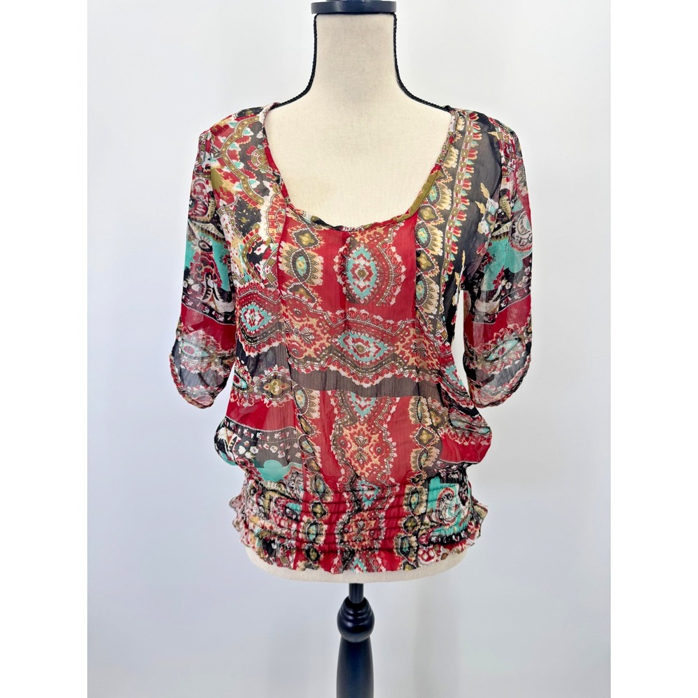 VTG Y2K Rue21 Boho Sheer Cinched Waist Scoop Neck Top Medium Red Multi Chiffon